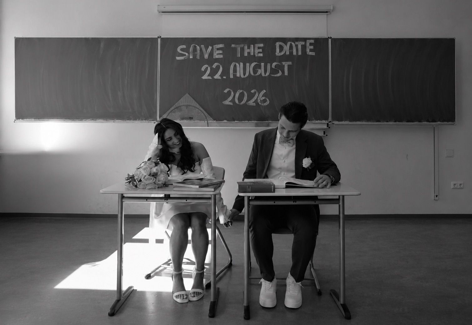 Daniel und Francesca sitzen vor einer Save-the-Date Tafel.